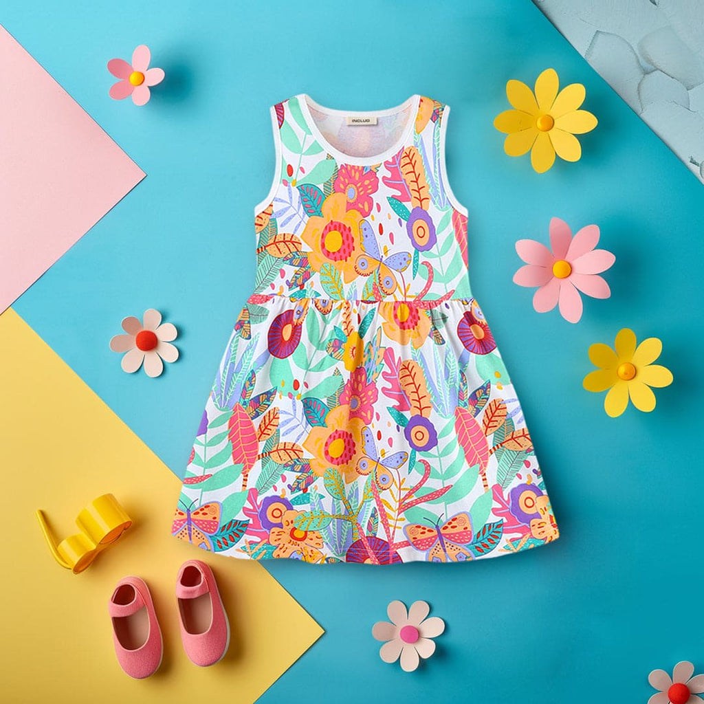 Girls Sleeveless Butterfly Print Fit & Flare Dress