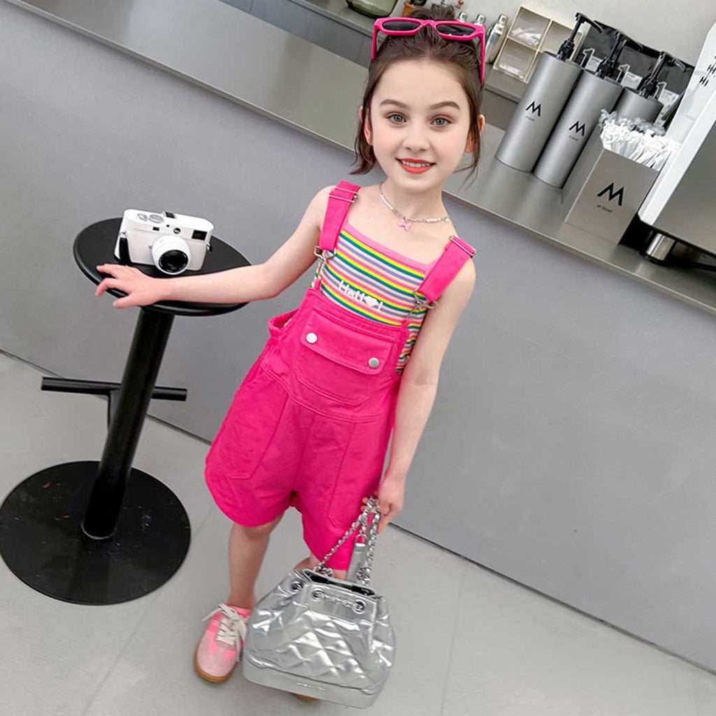 Girls Striped Camisole Top With Dungaree Set