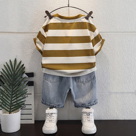 Boys Olive Brown Short Sleeve Striped T-Shirt With Distressed Denim Shorts Sets 2 pc. Sets