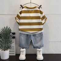Boys Olive Brown Short Sleeve Striped T-Shirt With Distressed Denim Shorts Sets 2 pc. Sets