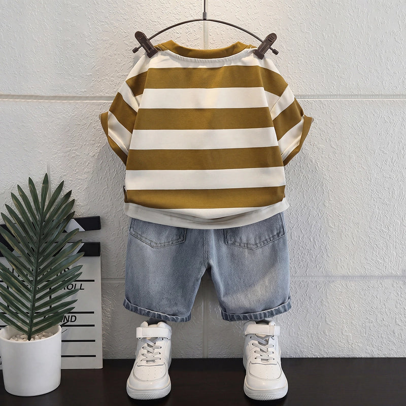 Boys Olive Brown Short Sleeve Striped T-Shirt With Distressed Denim Shorts Sets 2 pc. Sets
