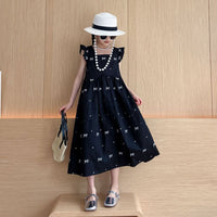 Girls Bow Print Flared Sleeves Fit & Flare Dress Casual Dresses Black 6-7 Y 