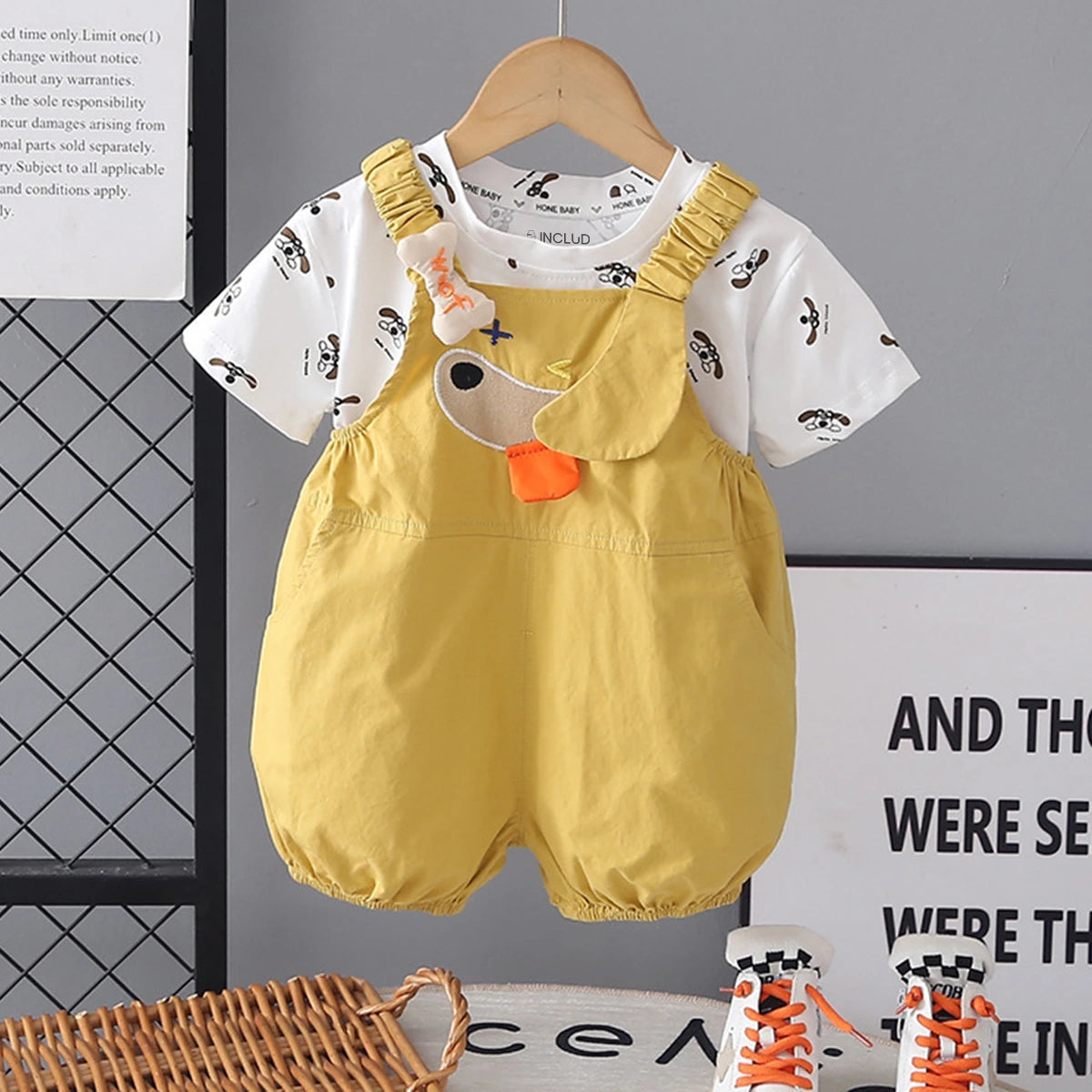 Boys Yellow Animal Motif Short Sleeve T-Shirt With Dungaree Sets 2 pc. Sets Yellow 1-2 Y