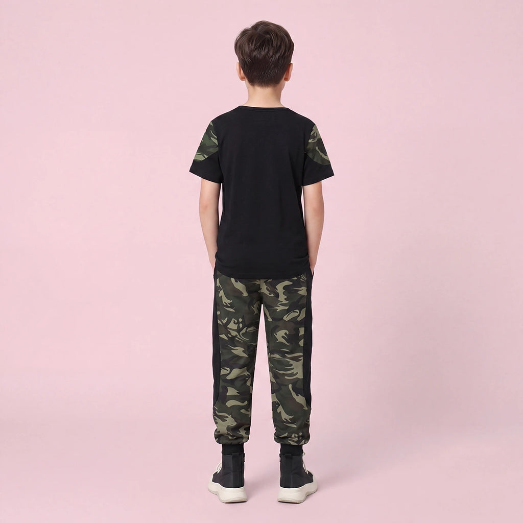 Boys Black Camouflage Print Short Sleeve T-Shirt With Pants Sets 2 pc. Sets