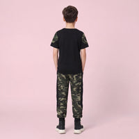 Boys Black Camouflage Print Short Sleeve T-Shirt With Pants Sets 2 pc. Sets