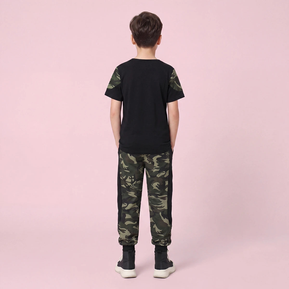 Boys Black Camouflage Print Short Sleeve T-Shirt With Pants Sets 2 pc. Sets