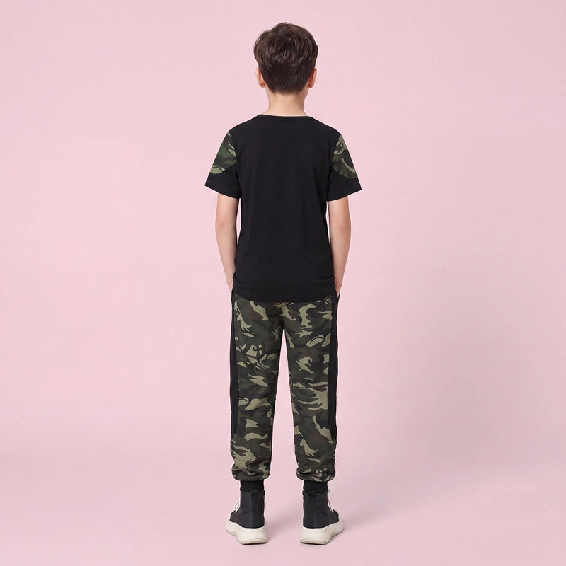 Boys Black Camouflage Print Short Sleeve T-Shirt With Pants Sets 2 pc. Sets