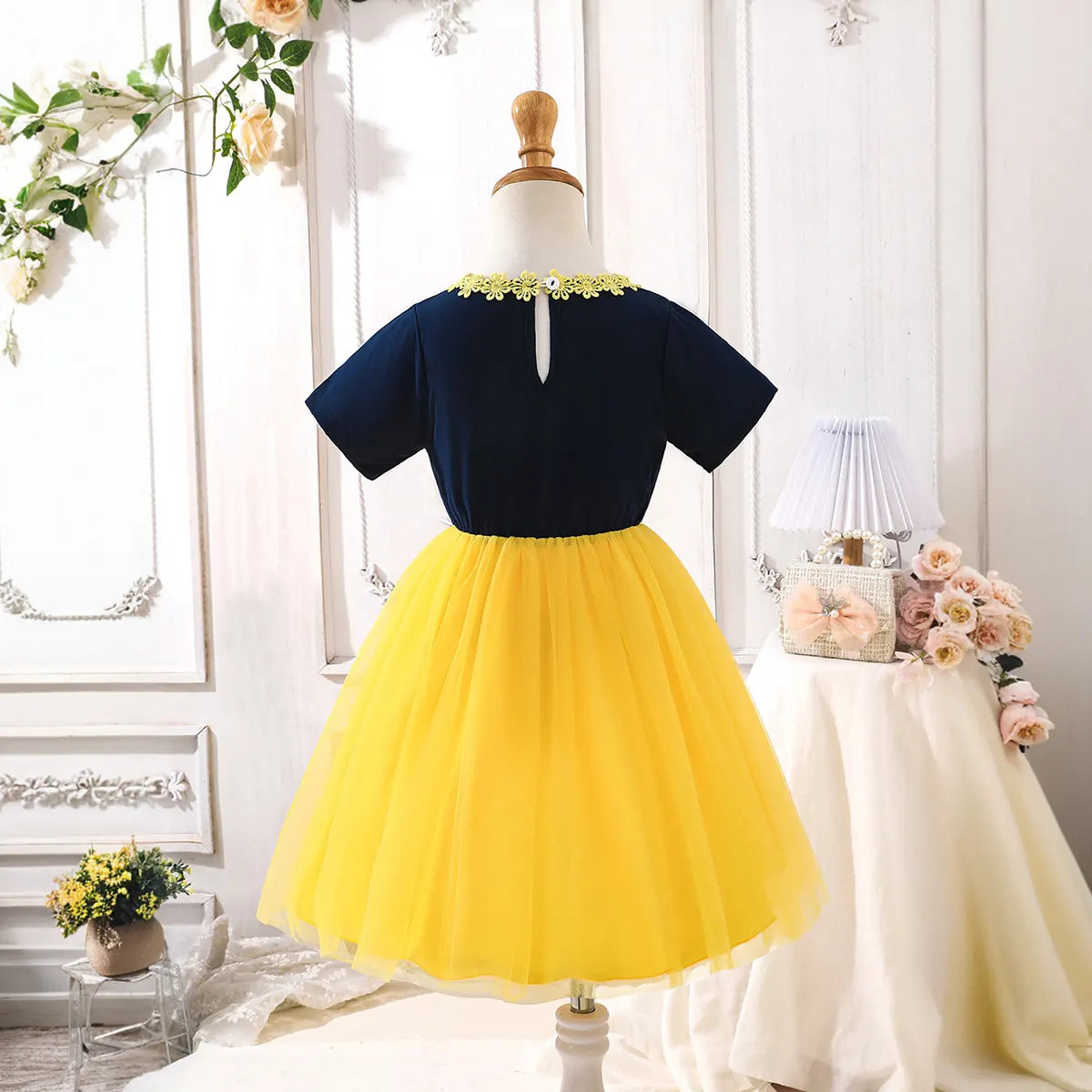 Girls Yellow Colorblocked Fit & Flare Dress With Tulle-overlay Skirt Casual Dresses