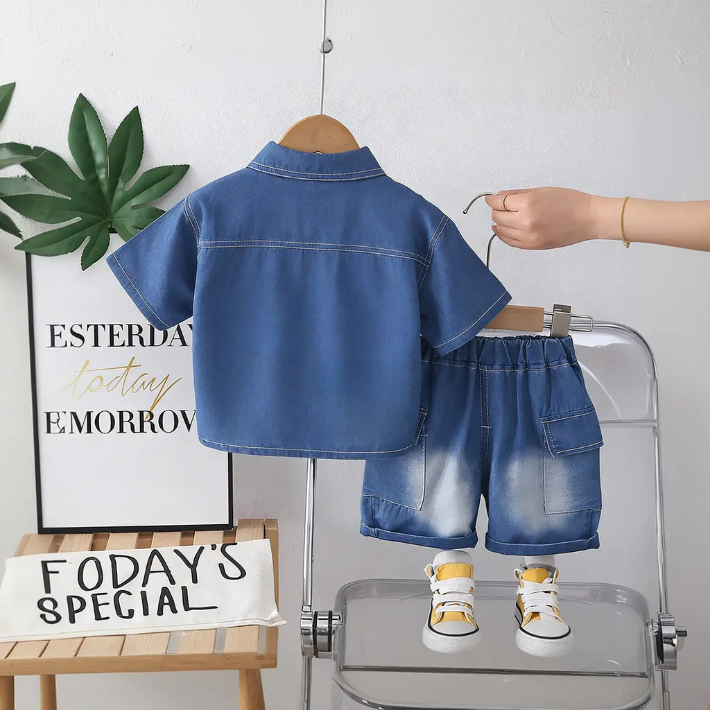 Boys Blue Denim Short Sleeves Shirt & Shorts Co-ord Sets Sets