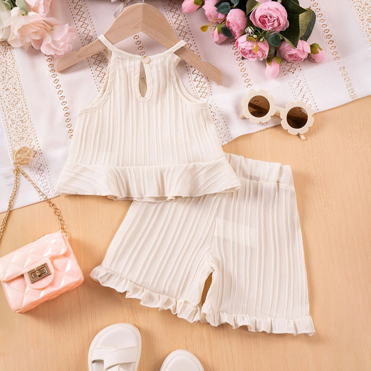 Girls Apricot Self Stripes Halter Top With Shorts Co-ord Sets Sets