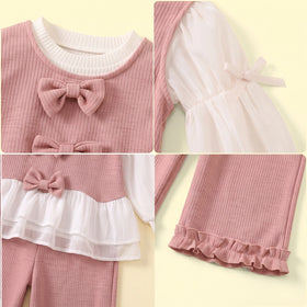 Girls Pink Bow Applique Top With Long Sleeve T-Shirt And Pants Sets 3 pc. Sets