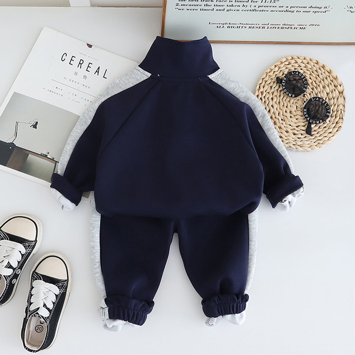 Boys Navy Blue M Printed High Neck Sweatshirt With Jogger Set 2 pc. Sets