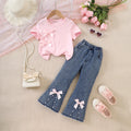 Girls Light Pink Bow Applique Short Sleeve T-Shirt With Denim Jeans Sets 2 pc. Sets Light Pink 3-4 Y