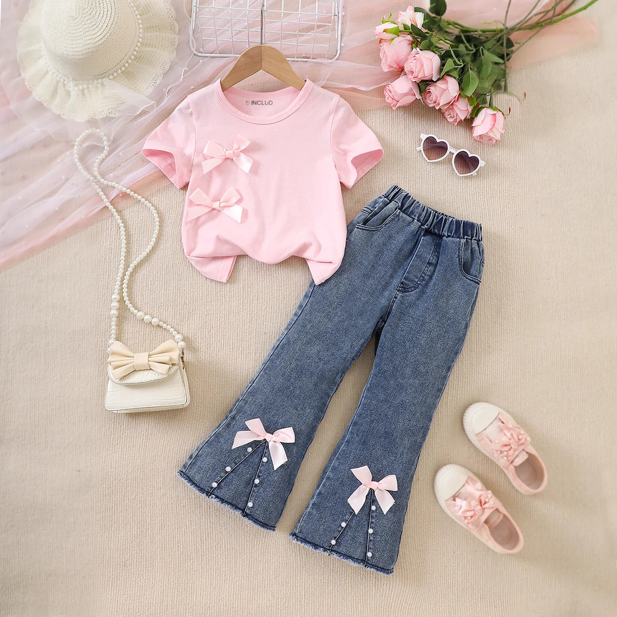 Girls Light Pink Bow Applique Short Sleeve T-Shirt With Denim Jeans Sets 2 pc. Sets Light Pink 3-4 Y