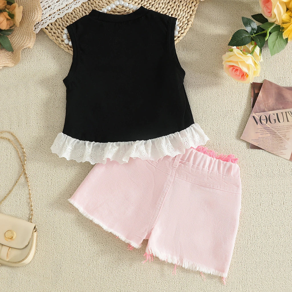 Girls Bow Applique Sleeveless Top With Pink Shorts Set Sets