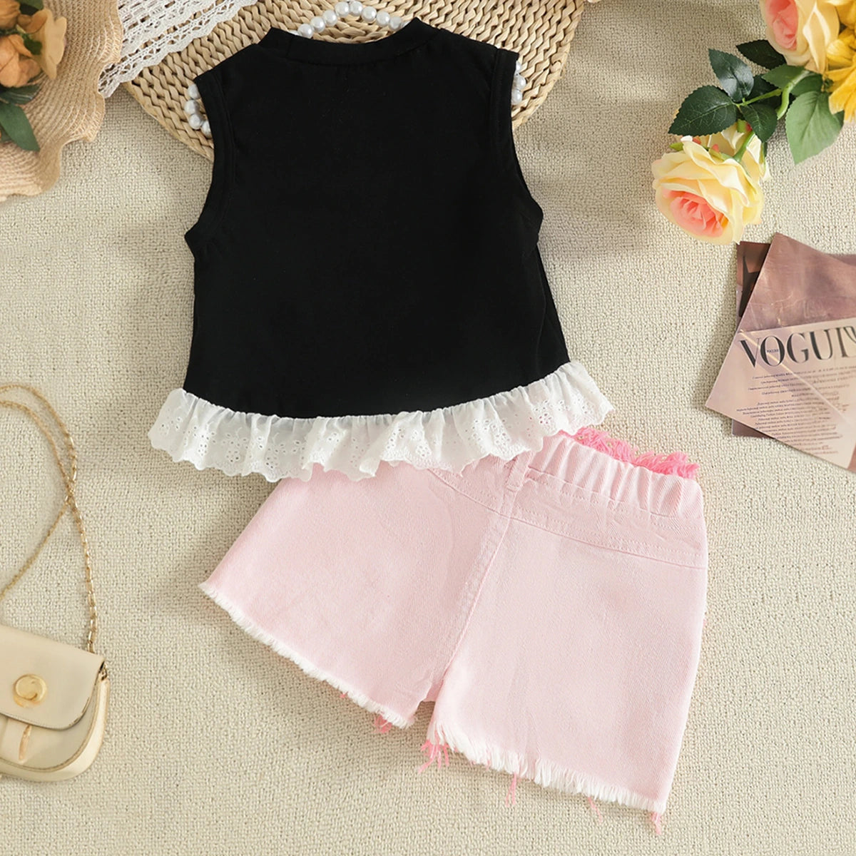 Girls Bow Applique Sleeveless Top With Pink Shorts Set Sets