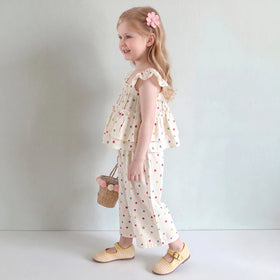 Girls Cream Polka Dot Print Flutter Sleeve Top With Pants Sets 2 pc. Sets