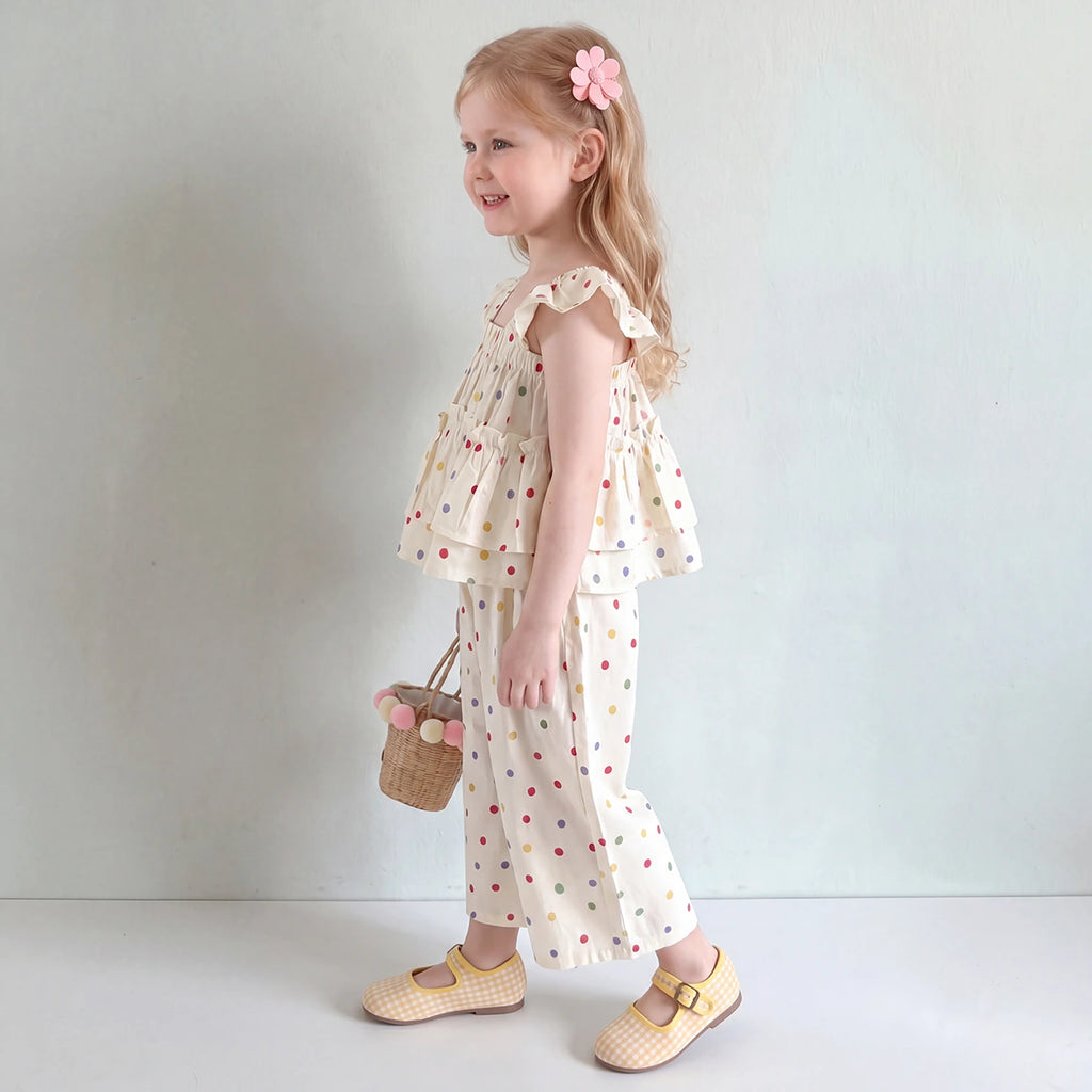 Girls Cream Polka Dot Print Flutter Sleeve Top With Pants Sets 2 pc. Sets