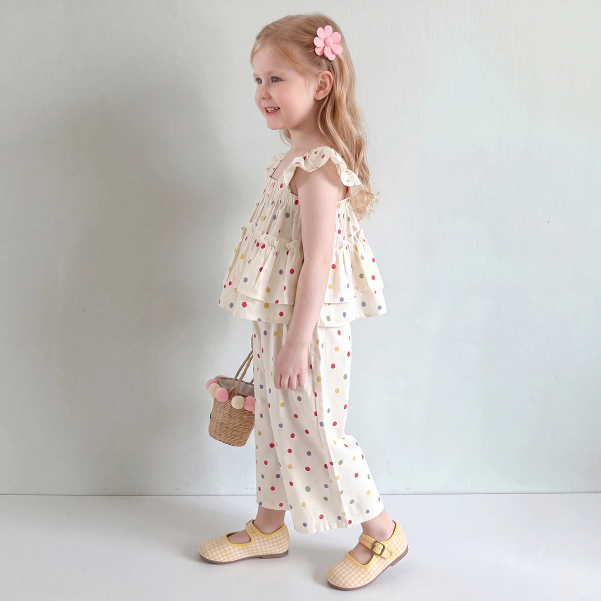 Girls Cream Polka Dot Print Flutter Sleeve Top With Pants Sets 2 pc. Sets