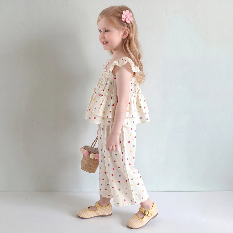 Girls Cream Polka Dot Print Flutter Sleeve Top With Pants Sets 2 pc. Sets