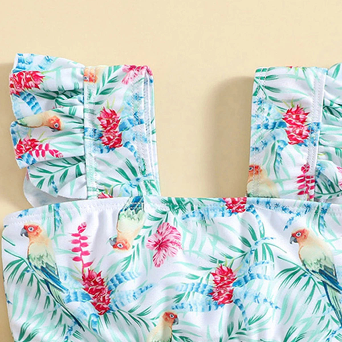 Girls Light Green Parrot Printed Sleeveless Top With Briefs Swimwear Sets Sets