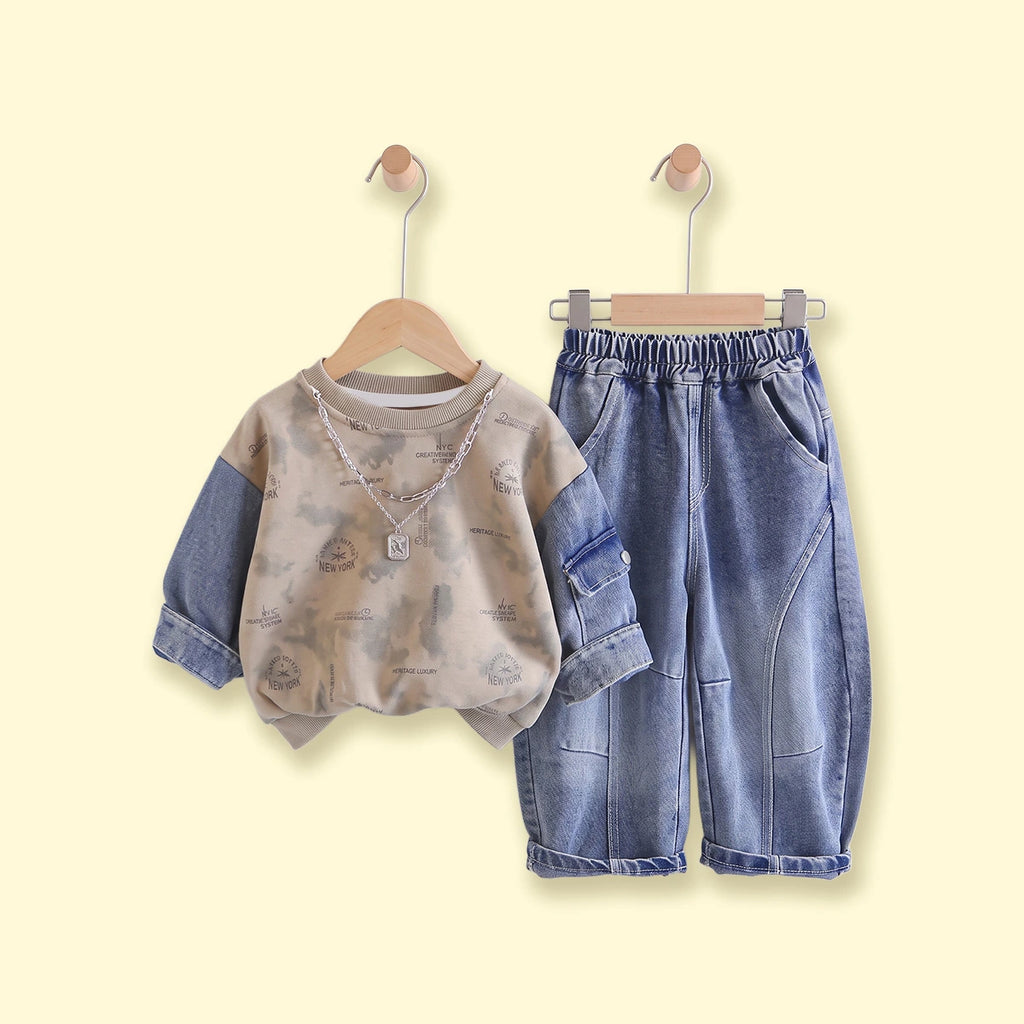 Boys Khaki Typography Sweatshirt With Denim Pants Sets 2 pc. Sets Khaki 1-2 Y