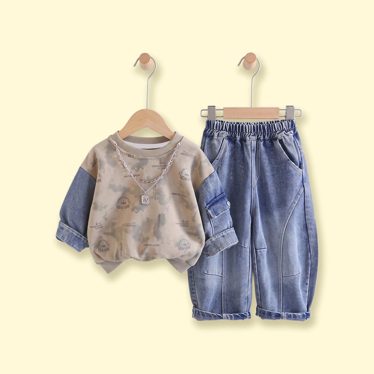 Boys Khaki Typography Sweatshirt With Denim Pants Sets 2 pc. Sets Khaki 1-2 Y