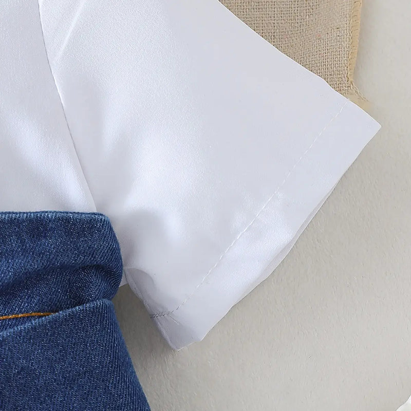 Girls Blue Short Sleeves Shelf Belted Shirt Dress Casual Dresses