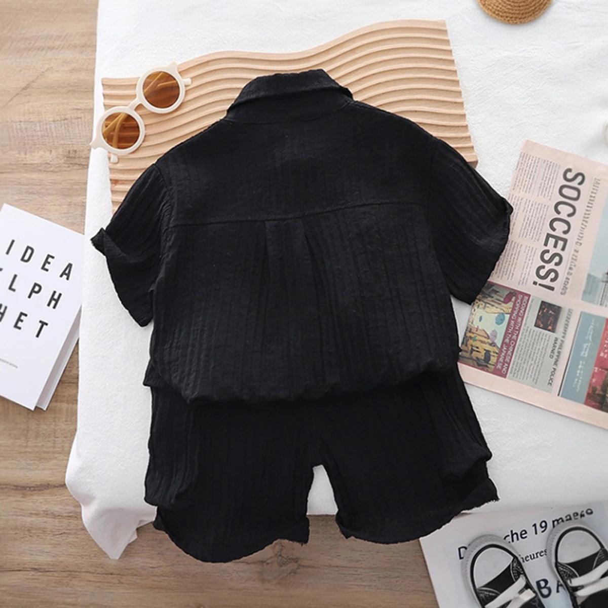 Boys Black Typographic Printed Short Sleeve Shirt With Elasticated Shorts Sets 2 pc. Sets