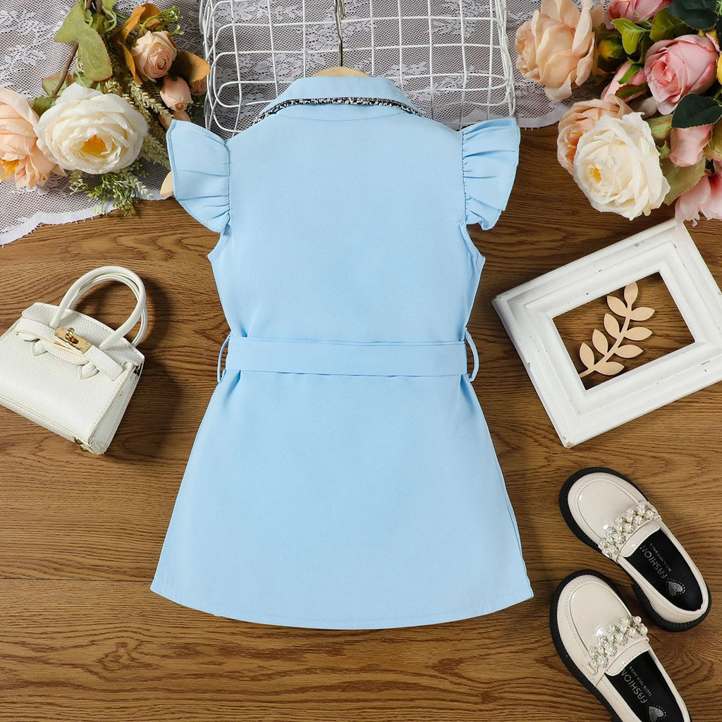Girls Light Blue Cap Sleeve Belted Blazer Dress Casual Dresses