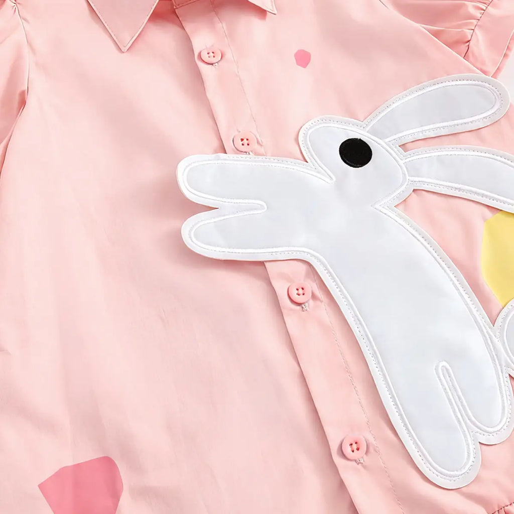 Girls Light Pink Bunny Applique Short Sleeve Shirt Dress Casual Dresses
