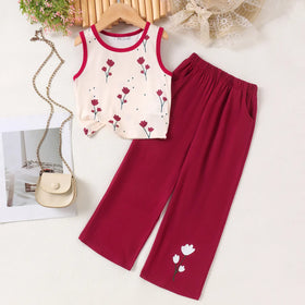 Girls Cream Floral Print Sleeveless Top With Pants Sets 2 pc. Sets Cream 2-3 Y