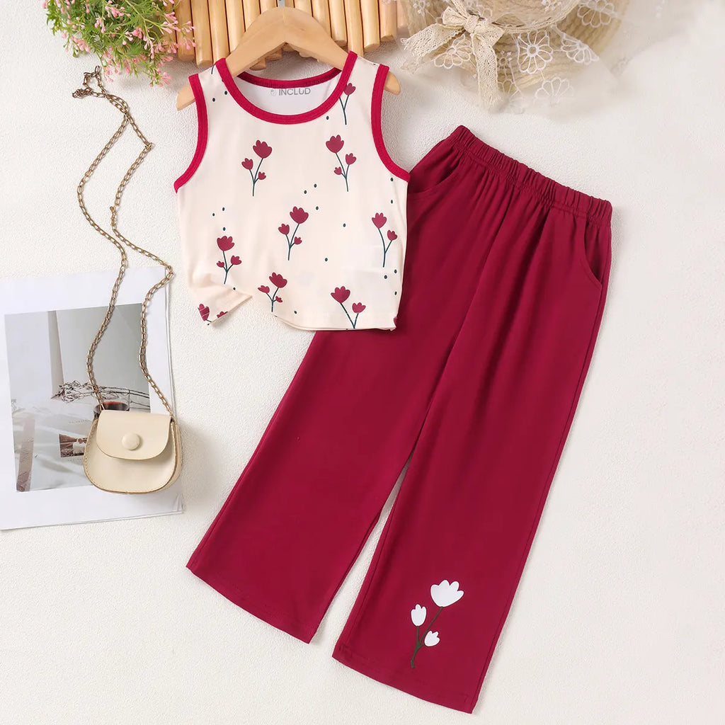 Girls Cream Floral Print Sleeveless Top With Pants Sets 2 pc. Sets Cream 2-3 Y