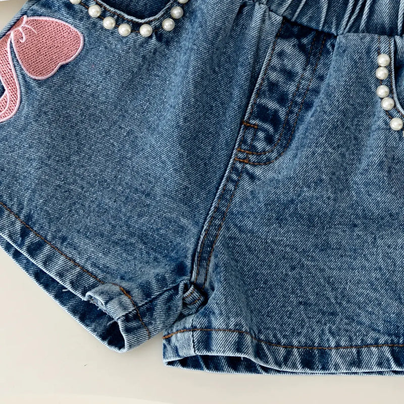 Girls White Short Sleeves Bow Applique Top With Denim Shorts Sets Sets