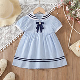 Girls Light Blue Striped Puff Sleeve Fit & Flare Dress