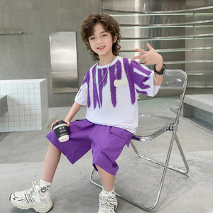 Boys Purple Abstract Print Oversized T-Shirt With Shorts Sets Sets Purple 5-6 Y