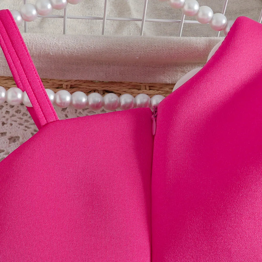 Girls Fuchsia One Shoulder Fit & Flare Party Wear Dress With 3D Flowers Appliques Party Dresses