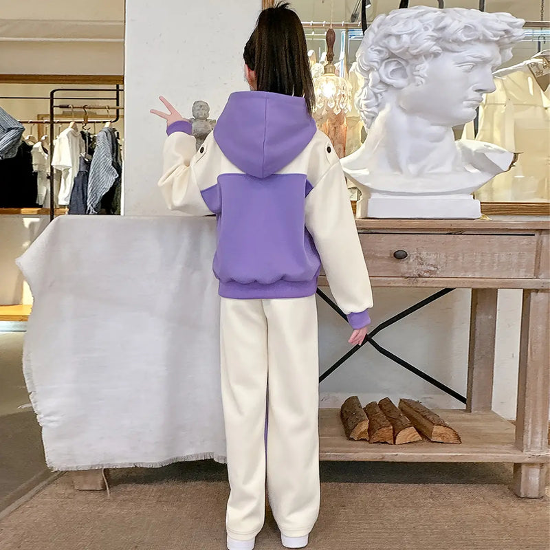 Girls Purple Color-blocked Hooded Sweatshirt With Pants Set Sets