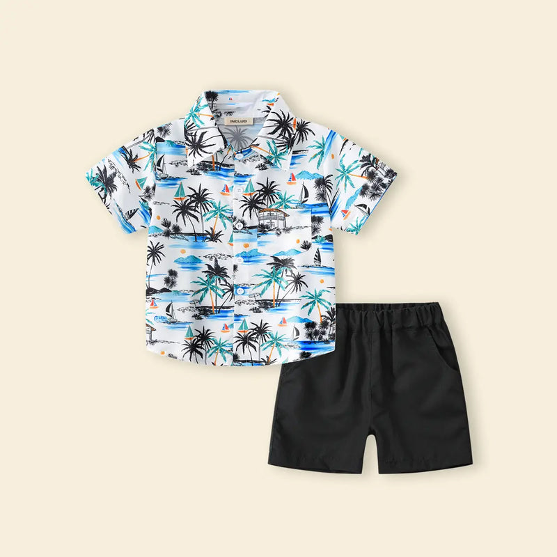 Boys White Tropical Print Short Sleeves Button-Down Shirt With Shorts Set Sets