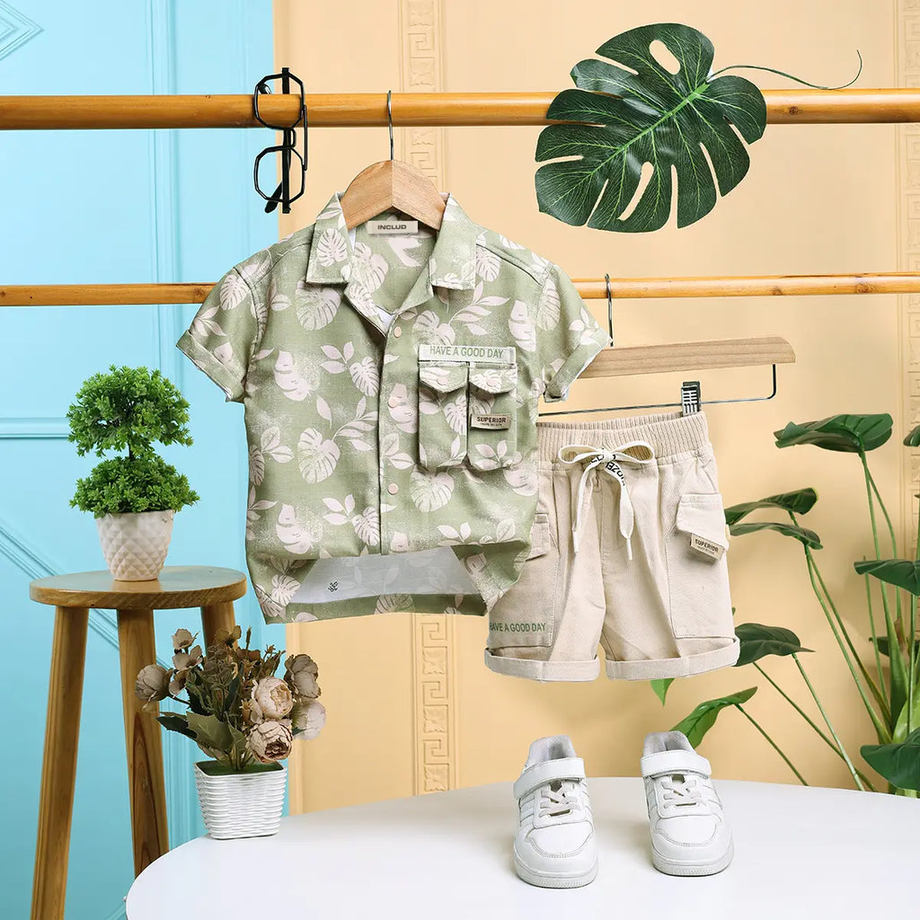 Boys Green Tropical Print Short Sleeve Shirt With Shorts Sets 2 pc. Sets Green 6-12 M