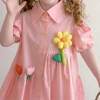Girls Pink Flower Applique Short Sleeves Shirt Dress Casual Dresses