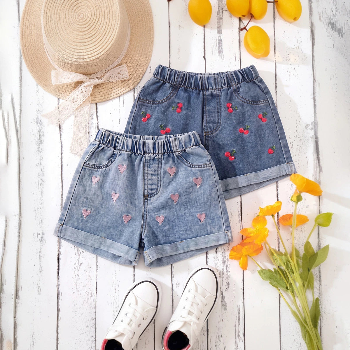 Girls Multicolour Heart Embroidered Denim Shorts Pack Of 2 Shorts Multicolor 2-3 Y