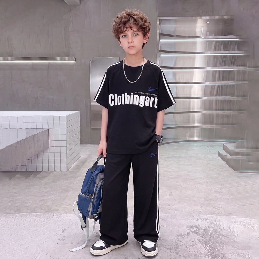 Boys Black Typographic Raglan Sleeve T-Shirt With Pants Sets 2 pc. Sets Black 5-6 Y