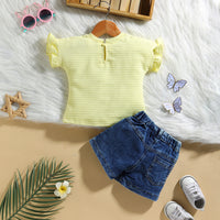 Girls Yellow Floral Applique T-Shirt With Denim Shorts Sets 2 pc. Sets