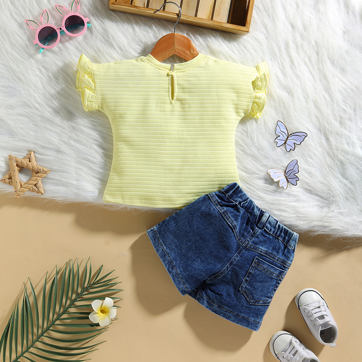 Girls Yellow Floral Applique T-Shirt With Denim Shorts Sets 2 pc. Sets
