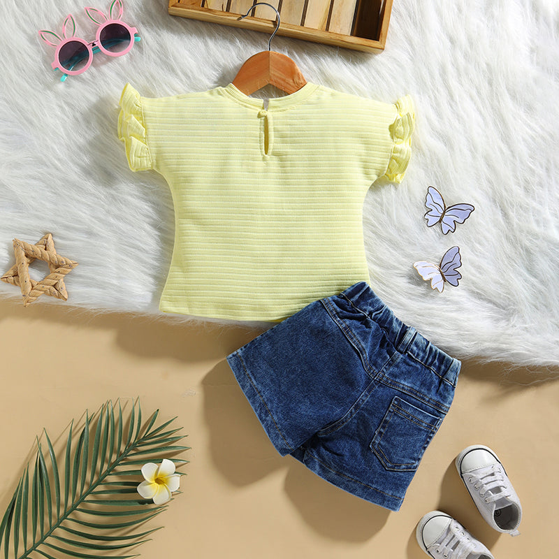 Girls Yellow Floral Applique T-Shirt With Denim Shorts Sets 2 pc. Sets