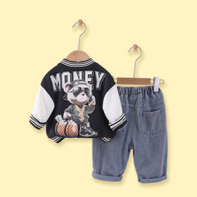 Boys Dark Blue Graphic Jacket With T-Shirt And Denim Pants Sets 3 pc. Sets