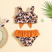 Girls Orange Leopard Print Sleeveless Top With Briefs Swimwear Sets Sets