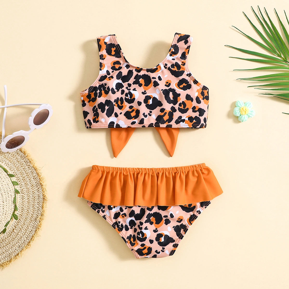 Girls Orange Leopard Print Sleeveless Top With Briefs Swimwear Sets Sets