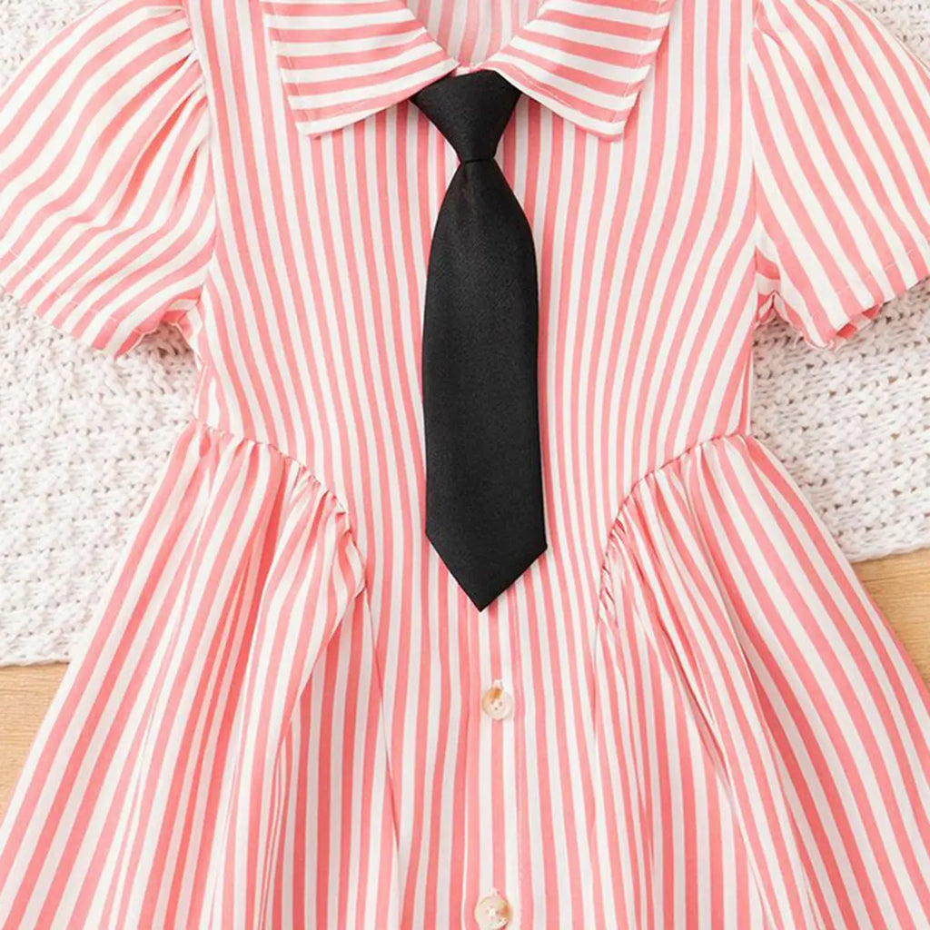 Girls Pink Stripes Button-Down A-line Dress With Short Sleeves Casual Dresses